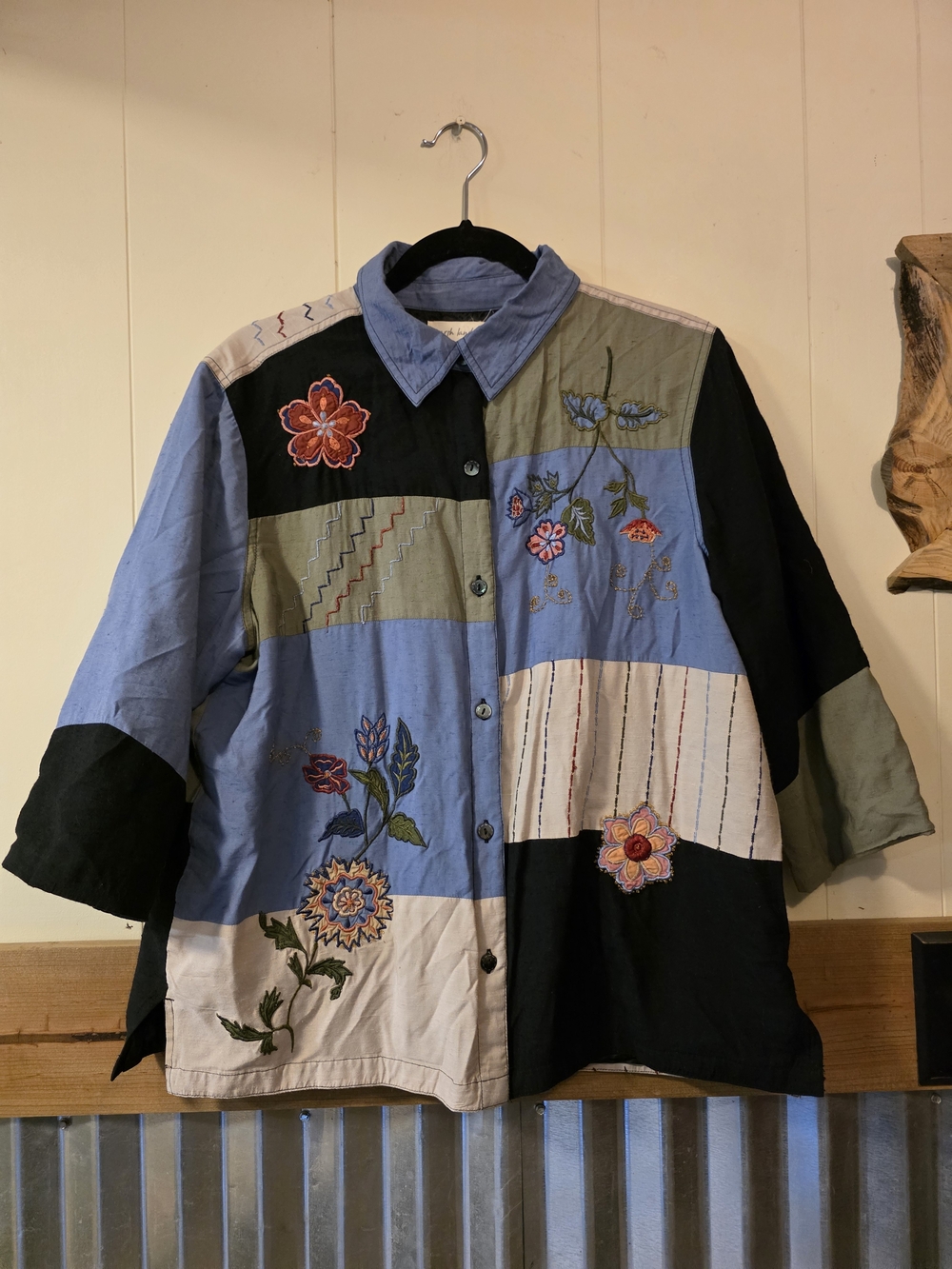 Marsh Landing Patchwork Button-Down Shirt in Blue, Black, Olive, Cream